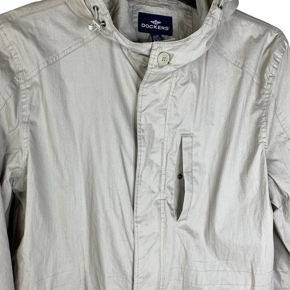 Men’s Dockers Khaki Fishing Chore Windbreaker Mesh Lined Jacket Pockets Hood LRG - Picture 4 of 13